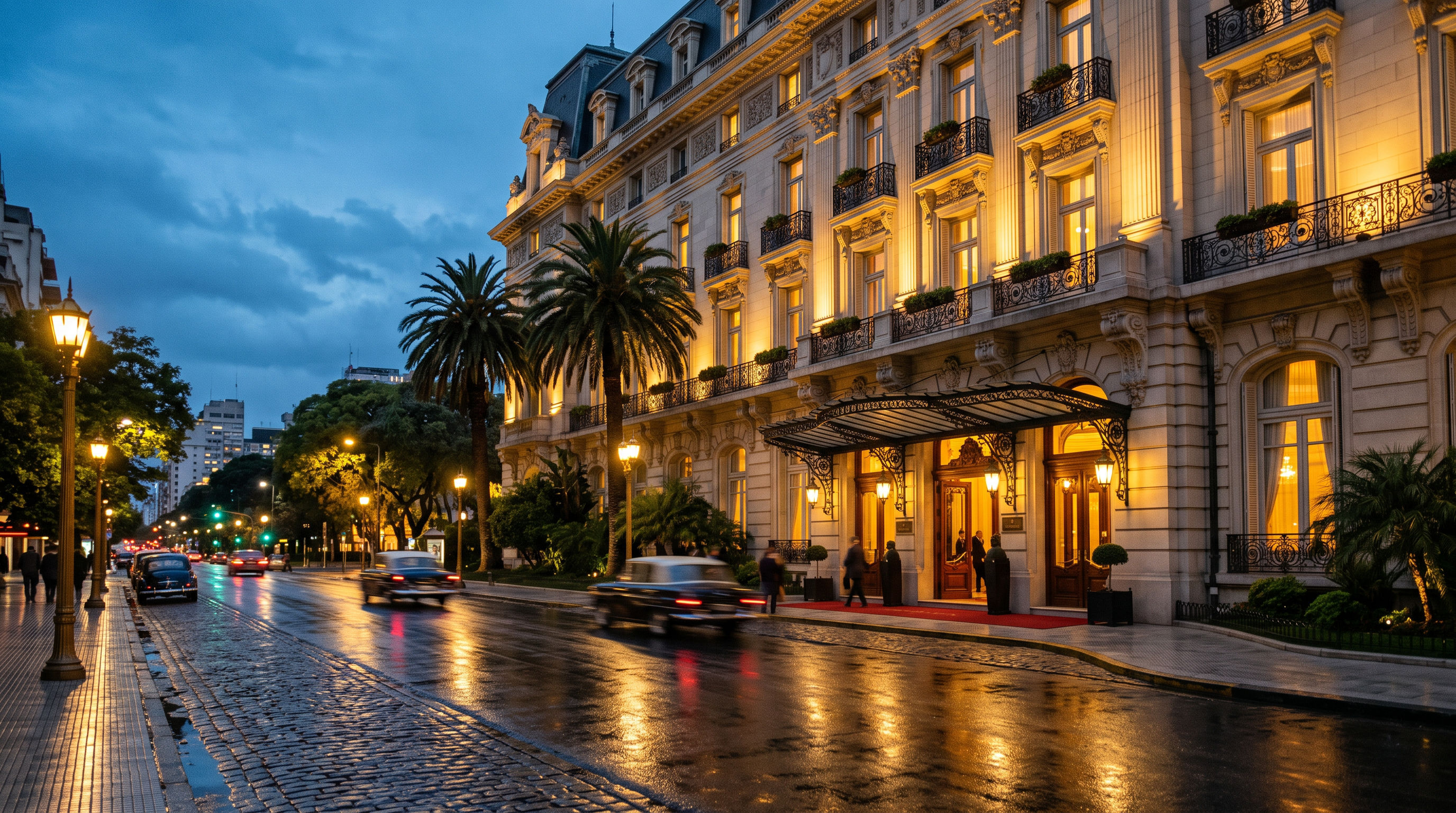 Fachada del hotel PlayResortWorld al atardecer en Recoleta, Buenos Aires