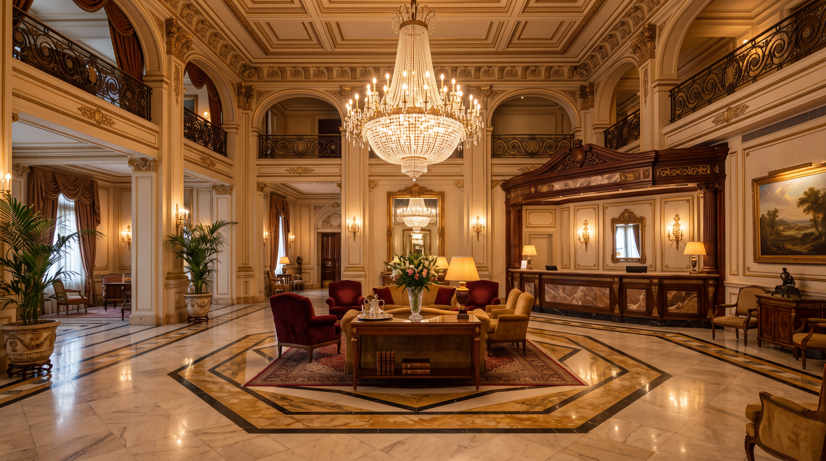 Lobby de mármol y candelabros del hotel PlayResortWorld